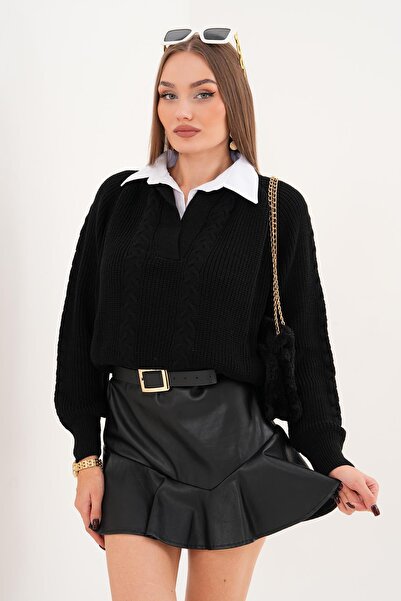 ŞİMAL Kadın Gömlek Yaka Detaylı Selanik Örme Kazak 255153 -