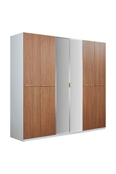 Danube Home خزانة ملابس كوارتو بستة أبواب ومرآتين - بيج/جوزي/ذهبي، مصنوعة من الخشب الهندسي، وثمانية أرفف ودرجين