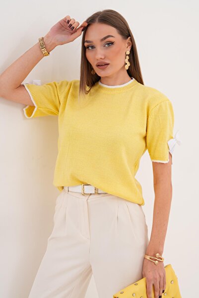 ŞİMAL Pulover tricotat pentru femei, cu detaliu de fundă pe mânecă, cu mâneci scurte, 255180 -