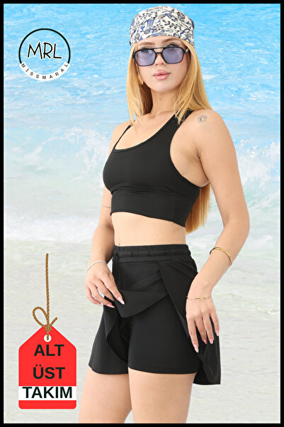 missmaral Women's Black Two-Layer Sports Swimsuit Set – Fixed Pad Top, Elastic Waist Shorts with Pockets