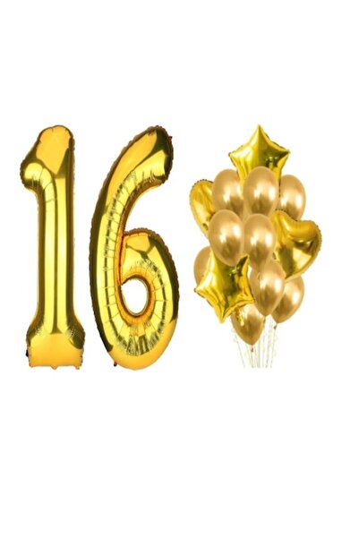 OEM Set 16 baloane aurii, aniversare 16 ani, numărul 101 101 cm, stele 45 cm,...