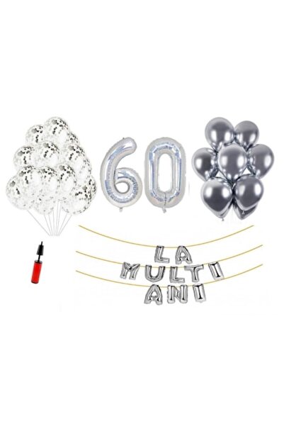 OEM Set of 33 balloons 'Happy Birthday' 60th anniversary, 100 cm holographic foil numbers