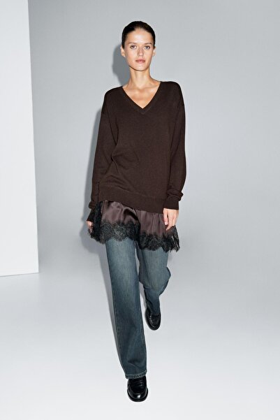 Massimo Dutti Long knitted jumper with lace detailing