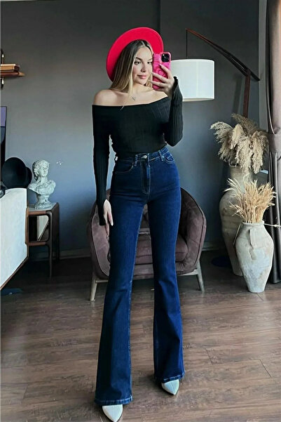 mooishan Navy Blue Spanish Style Flared Jeans, Colorfast Lycra High-Waisted J...
