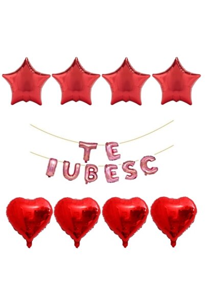 OEM Set 16 foil balloons 'TE IUBESC' rose gold - red hearts and red stars