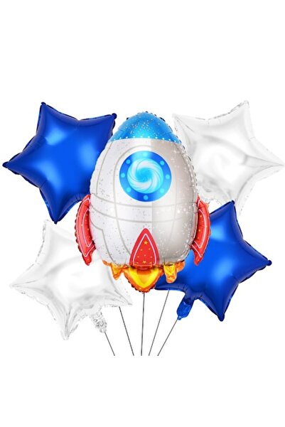 Danex Set of 5 metallic 'HAPPY BIRTHDAY' balloons by — rocket shape, blue stars, adhesive & straw,