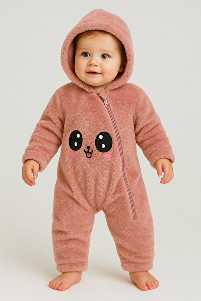 Uğur bebe Powder Color Hooded Zippered Plush Baby Romper Soft Wellsoft Fabric Winter Warm Romper