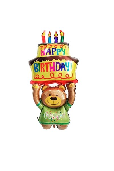 Danex Metallic Foil Balloon - Bear with Birthday Cake, 124x65 cm, Straw Included