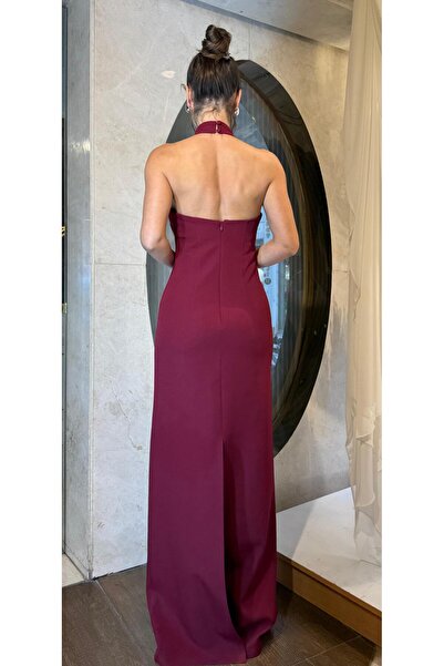 SpringStore Bordo Halter Yaka Abiye