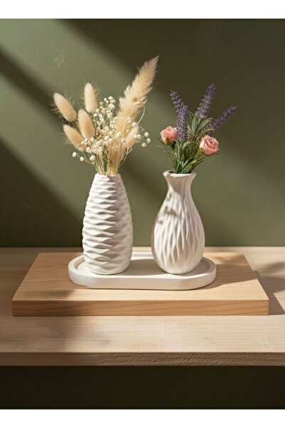 VARKAL 2'Li Vazo Camber Dekoratif Vazo 1 Parça Dekoratif Sunumluk 3'Lü Set