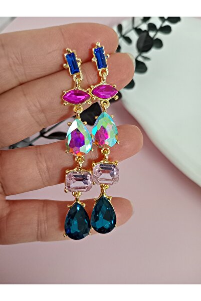 mos&more Purple Detailed Crystal Stone Dangle Earrings