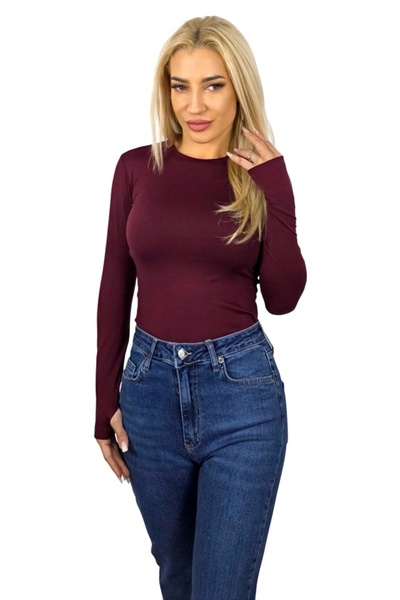 FashionForYou BASIC midi blouse, with round collar and finger slit, Burgundy