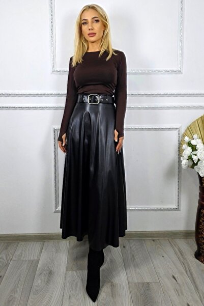 FashionForYou Marilena elegant long skirt, made of -leather and belt, Black