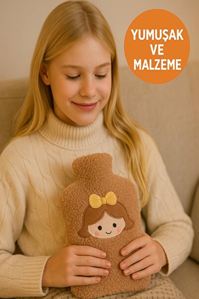 TOYFEST Kahverengi Peluş Sıcak Su Torbası – Yumuşak, Güvenli ve Şık Saçlı Kız Model, 1 Litre