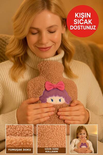 TOYFEST Kahverengi Peluş Sıcak Su Torbası – Yumuşak, Güvenli ve Şık Saçlı Kız Model, 1 Litre