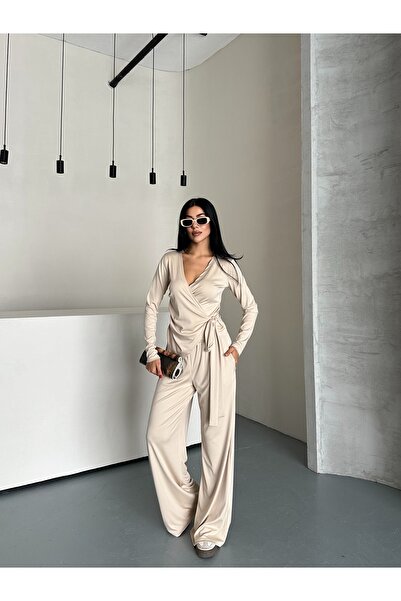 solena sln Women's V-Neck Double-Breasted Blouse Pants Modal Set