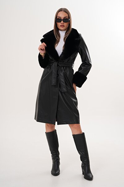 ŞİMAL Kadın Yakası Kolu Tüy Detaylı Deri Kaban 255396 -