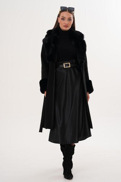 ŞİMAL Kadın Yakası Kolu Tüy Detaylı Kaşe Kaban 255395 -