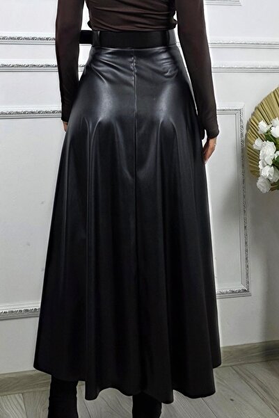 FashionForYou Marilena elegant long skirt, made of -leather and belt, Black