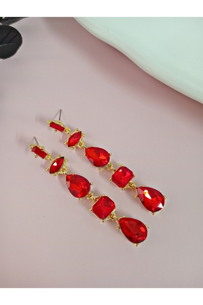 mos&more Red Detailed Crystal Stone Dangle Earrings