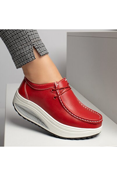 Modlet.ro Women's red leather lace-up platform casual shoes MOD11952