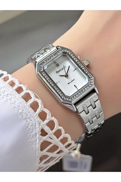 Ferrucci Milano Women's Wristwatch – Rectangular Silver Case, Stone Bezel, Metal Band, Elegant Design