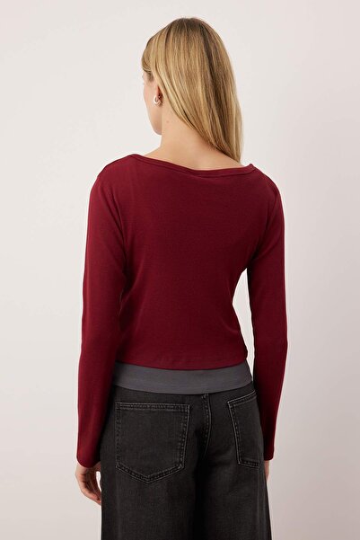 Trendyol Collection Burgundy Double-Look Asymmetric Neckline Buttoned Bodycon Stretchy Knitted Blouse Twoaw26Bz00042