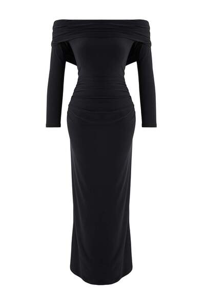 Trendyol Collection Limited Edition Black Shirred Carmen Neckline Stretchy Maxi Knitted Dress Twoaw26El00112