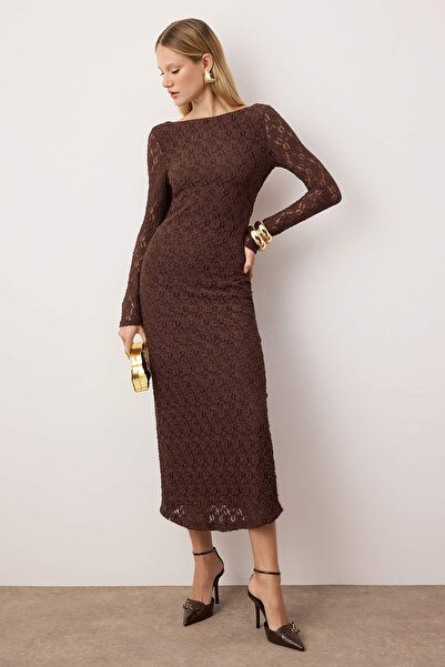 Trendyol Collection Тъмнокафява гладка плетена дантелена макси рокля с подплата, елегантна/вечерна рокля