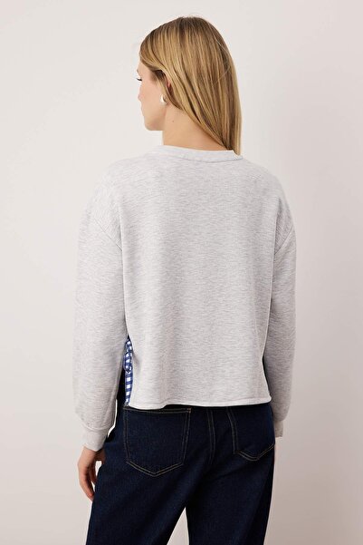 Trendyol Collection Kar Melanj Ribbon Detailed Crew Neck Thick Fleece Lined Crop Knitted Sweatshirt Twoaw26Sw00075