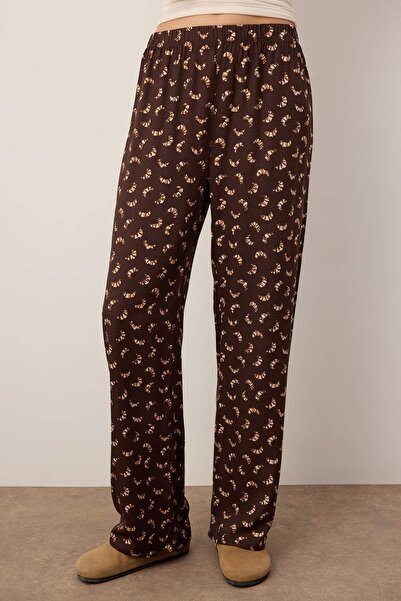 Trendyol Collection Ecru-Braun 2er-Pack Pyjamahose aus Viskose mit Croissant-Muster THMAW26PJ00000