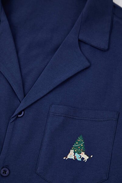 Trendyol Collection Синій Regular Fit Новорічний малюнок Couple В'язаний піжамний комплект
