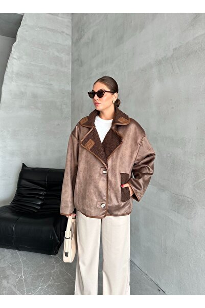 Laluvia Prémiová kožená hnědá bunda - kudrnatá model 54466