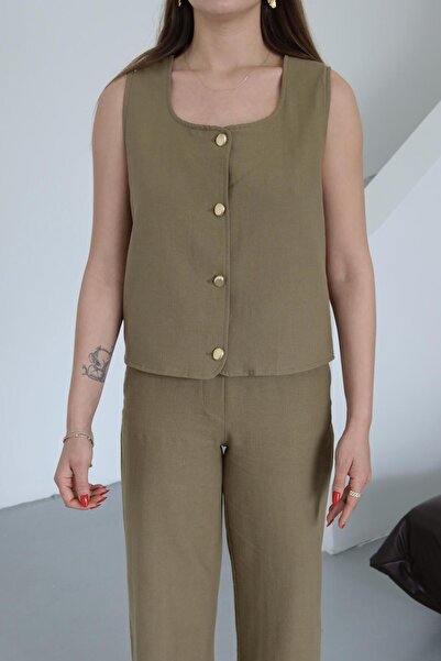 Laluvia Khaki arany gombos mellény nadrág szett