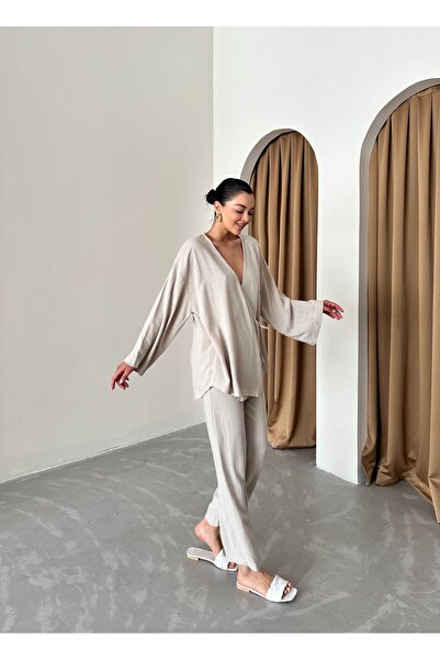 Laluvia Ecru Double Breasted Cotton Kimono Pants Set