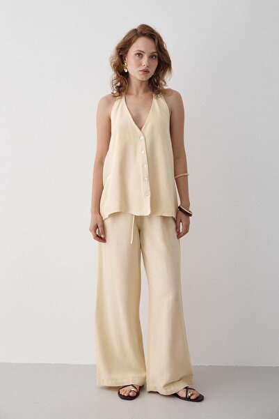 Laluvia Yellow Back Tie Detail Blouse Pants Set