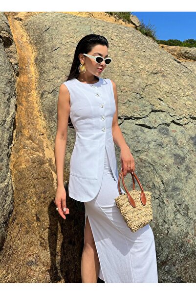 Laluvia Λευκό 100% βαμβακερό Σετ Μολύβι, Φούστα και Γιλέκο - Σκίσιμο