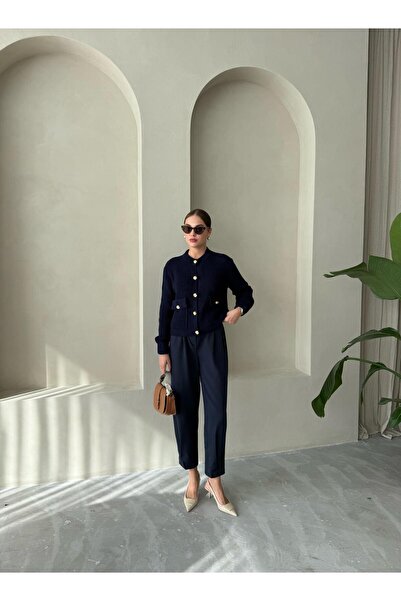 Laluvia Navy Blue Belle Rose Buttoned Cardigan