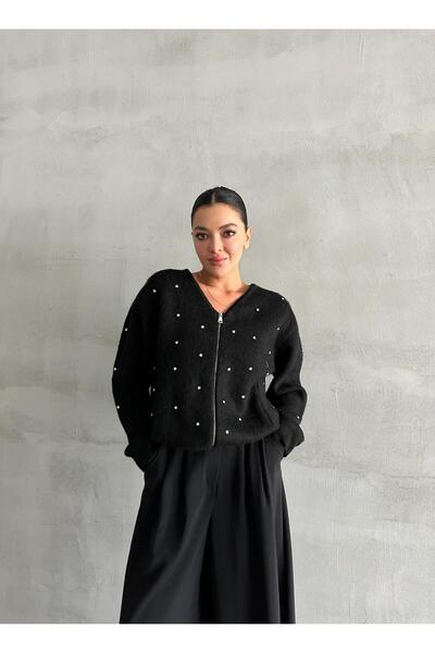 Laluvia Černý kardigan na zip s více mini kamínky