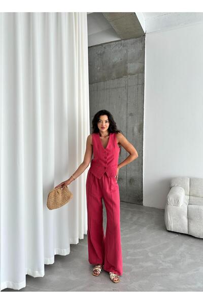 Laluvia Cherry 100% Cotton Lavin Linen Vest Pants Set