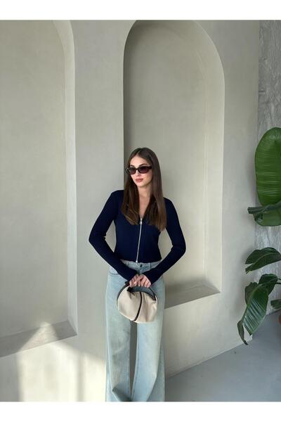 Laluvia Sötétkék dupla cipzáras, kézzel kötött, részletezett, állítható kardigán