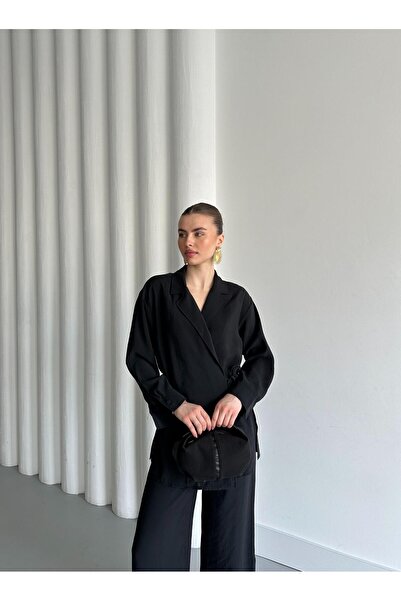 Laluvia Black Collar Detailed Tie-Up Kimono Set