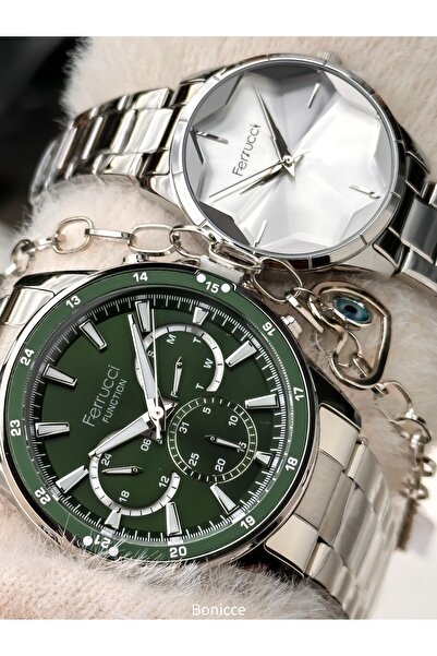 Ferrucci Brand Silver Color Steel Band, Green Dial Dear Couple Wristwatches + Rosary Bracelet
