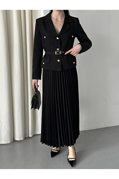 Laluvia Black Button Detailed Jacket Pleated Skirt Set