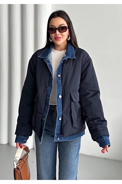 Laluvia Sötétkék farmer részletgazdag kabát