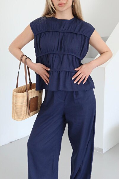 Laluvia Navy Blue Milora Blouse Pants Set