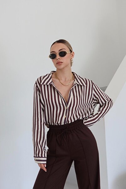 Laluvia Καφέ παντελόνι από πολυβισκόνη με ελαστική μέση και μπροστινή ραφή