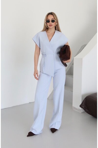 Laluvia Baby Blue Juana Vest and Bell-Bottom Pants Set