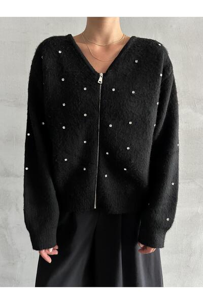 Laluvia Černý kardigan na zip s více mini kamínky