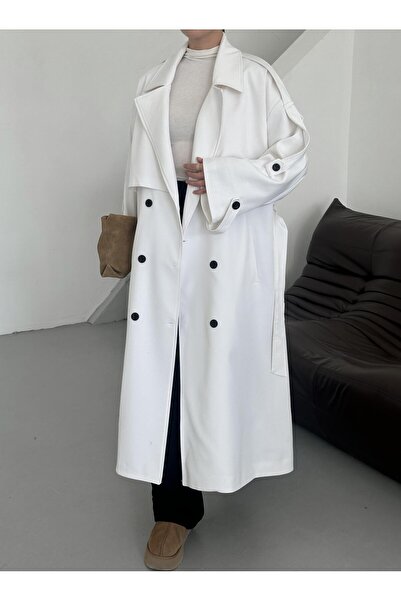 Laluvia White Lucky Oversize Trench Coat with Button Detail